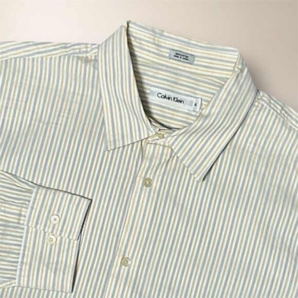 Calvin Klein Yellow Gray Striped Cotton Button Up Shirt Classic Career Preppy XL - Picture 1 of 9